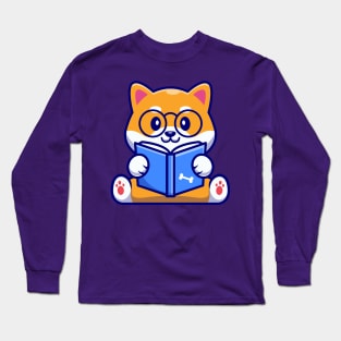 Cute Shiba Inu Dog Reading Book Cartoon Long Sleeve T-Shirt